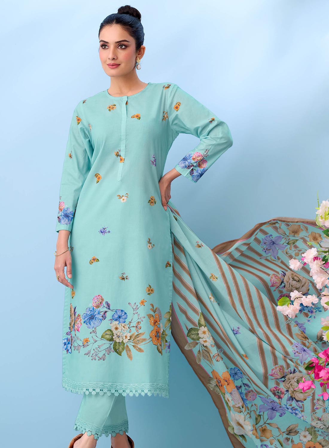 Blue Pure Cotton Unstitched Dress Material Suit Set for Women