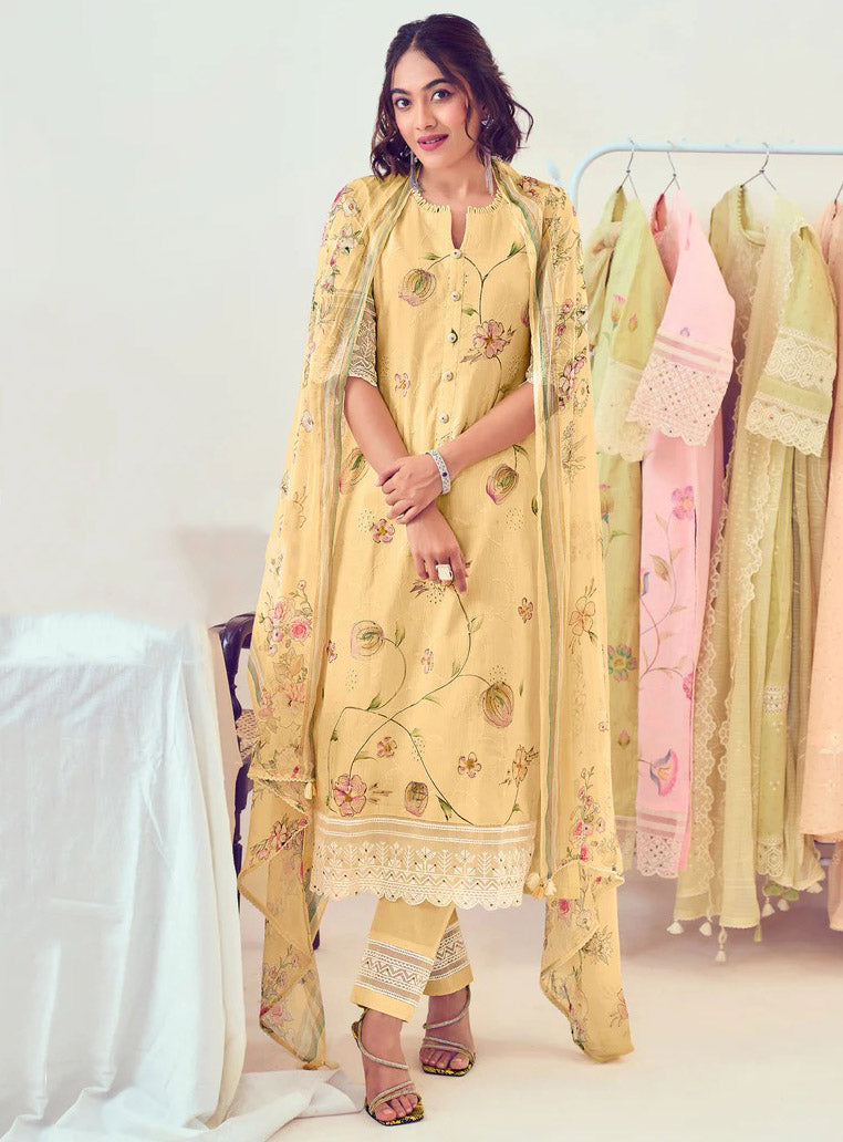 Yellow Pure Cotton Unstitched Suit Dress with Dupatta for Women