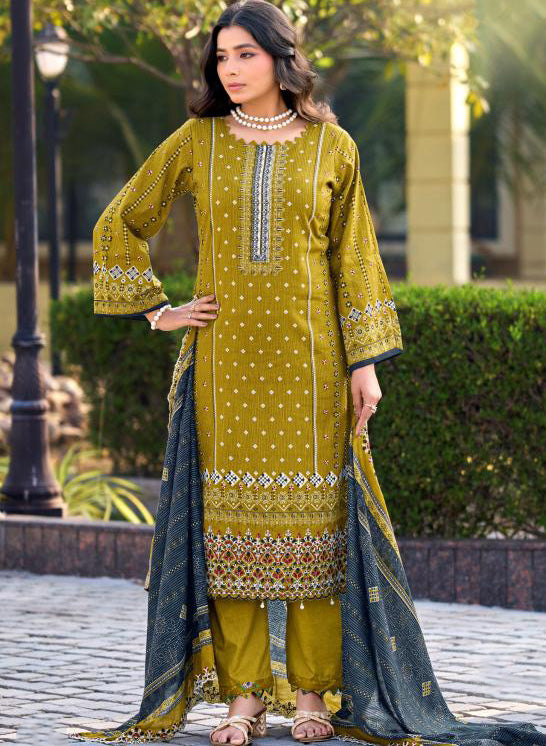 Pakistani Print Green Unstitched Cotton Suit Material with Daman Embroidery