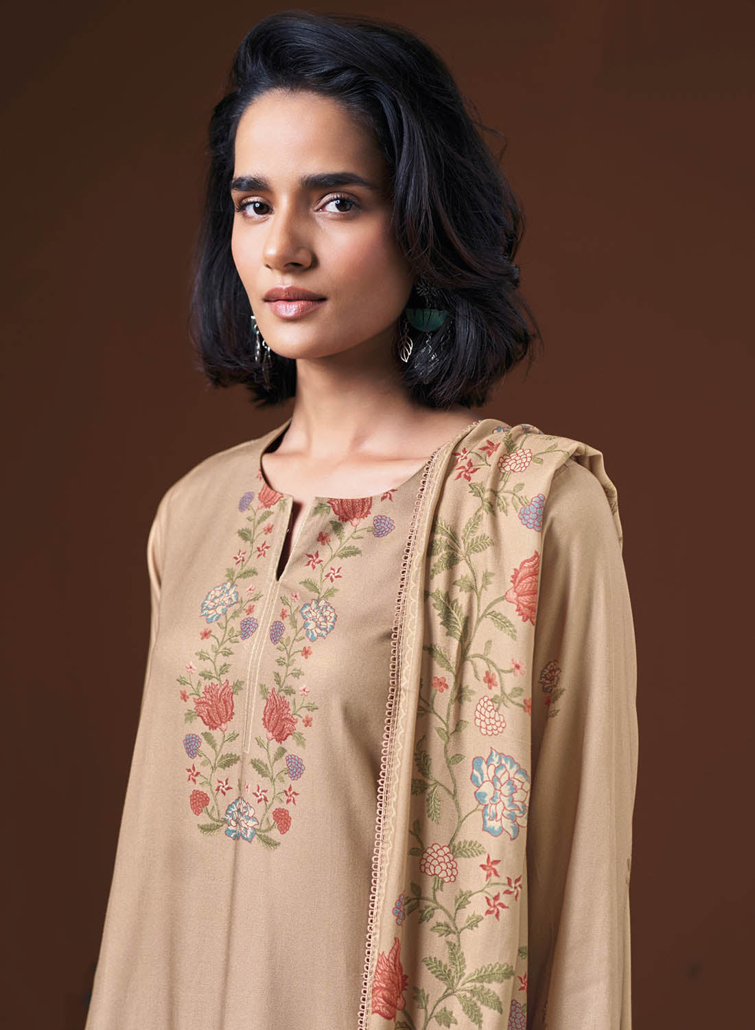 Ganga Unstitched Brown Winter Woolen Pashmina Suit Material for Women