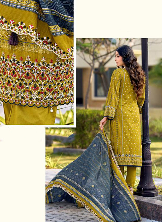 Pakistani Print Green Unstitched Cotton Suit Material with Daman Embroidery