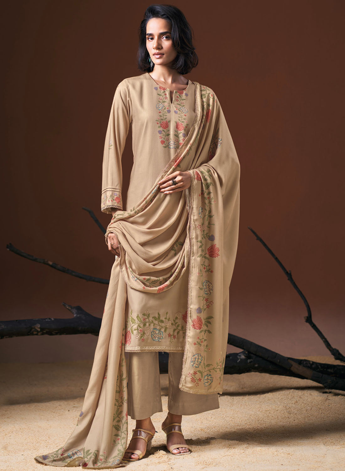 Ganga Unstitched Brown Winter Woolen Pashmina Suit Material for Women
