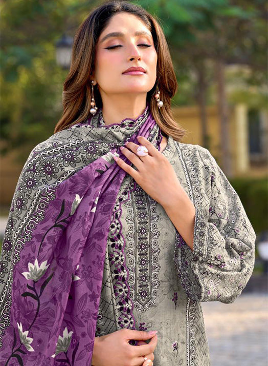 Pakistani Print Grey Unstitched Cotton Suit Material with Daman Embroidery