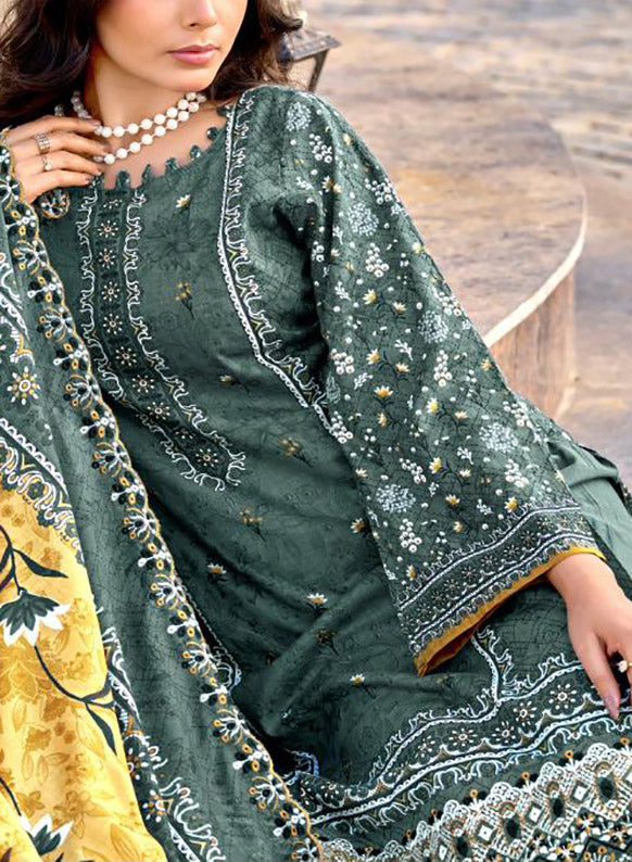 Pakistani Print Unstitched Cotton Salwar Suit Material with Daman Embroidery