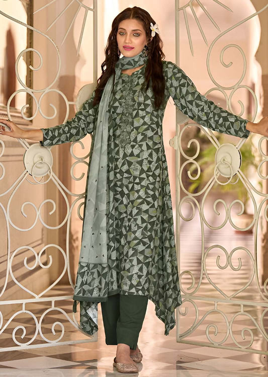 Unstitched Green Pashmina Winter Suit Dress Material for Women
