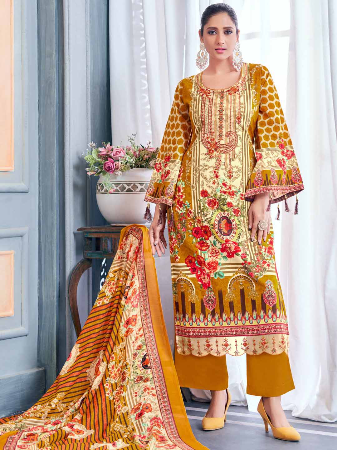 Unstitched Pakistani Print Cotton Suit Fabric with Embroidery Beige Alok Suit