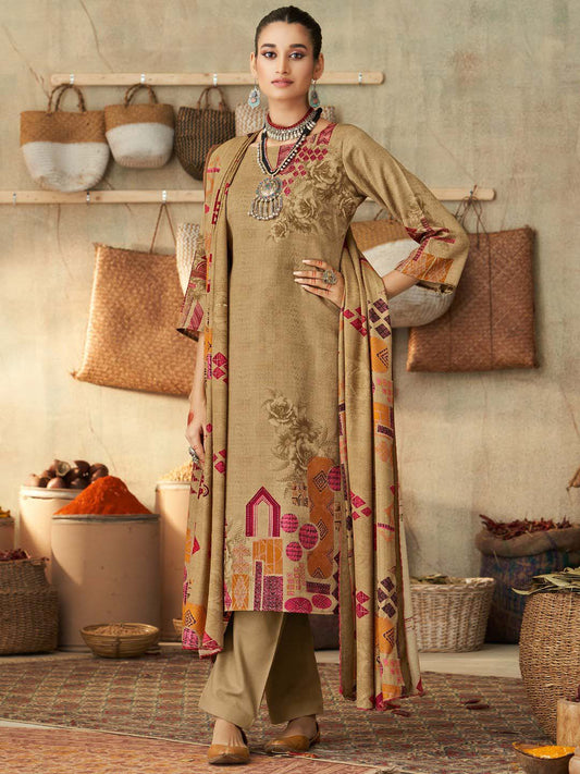 Pashmina Printed Beige Unstitched Winter Suit Material for Ladies