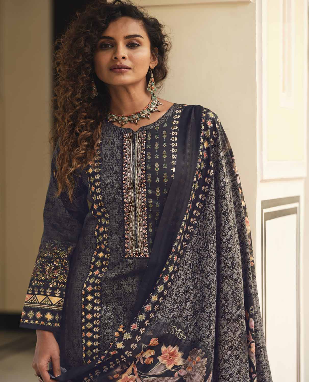 Sadhana Cotton Silk Embroidered Women Unstitched Black Suit Material Sadhana