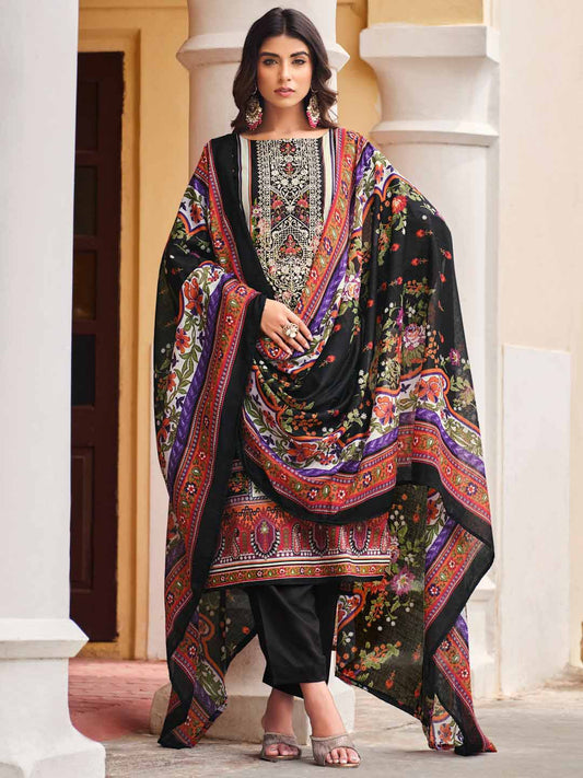 Belliza Pakistani Print Black Unstitched Women Cotton Suit Material