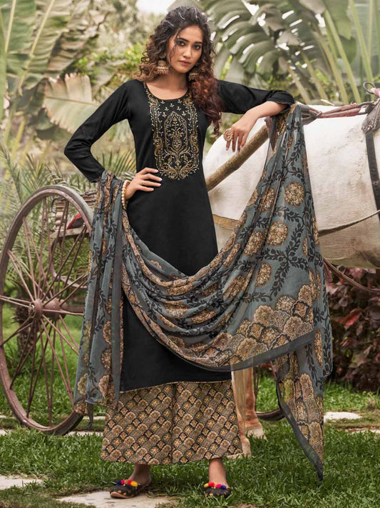 Unstitched Cotton Salwar Suit Black Dress Material with Embroidery Zulfat