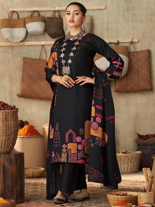 Pashmina Printed Black Unstitched Winter Suit Material for Ladies