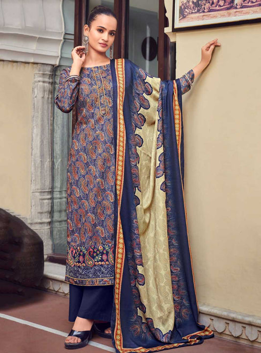 Blue Unstitched Pashmina Winter Salwar Suit Dress Material for Women