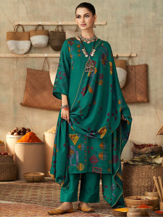 Pashmina Printed Green Unstitched Winter Suits Material for Ladies