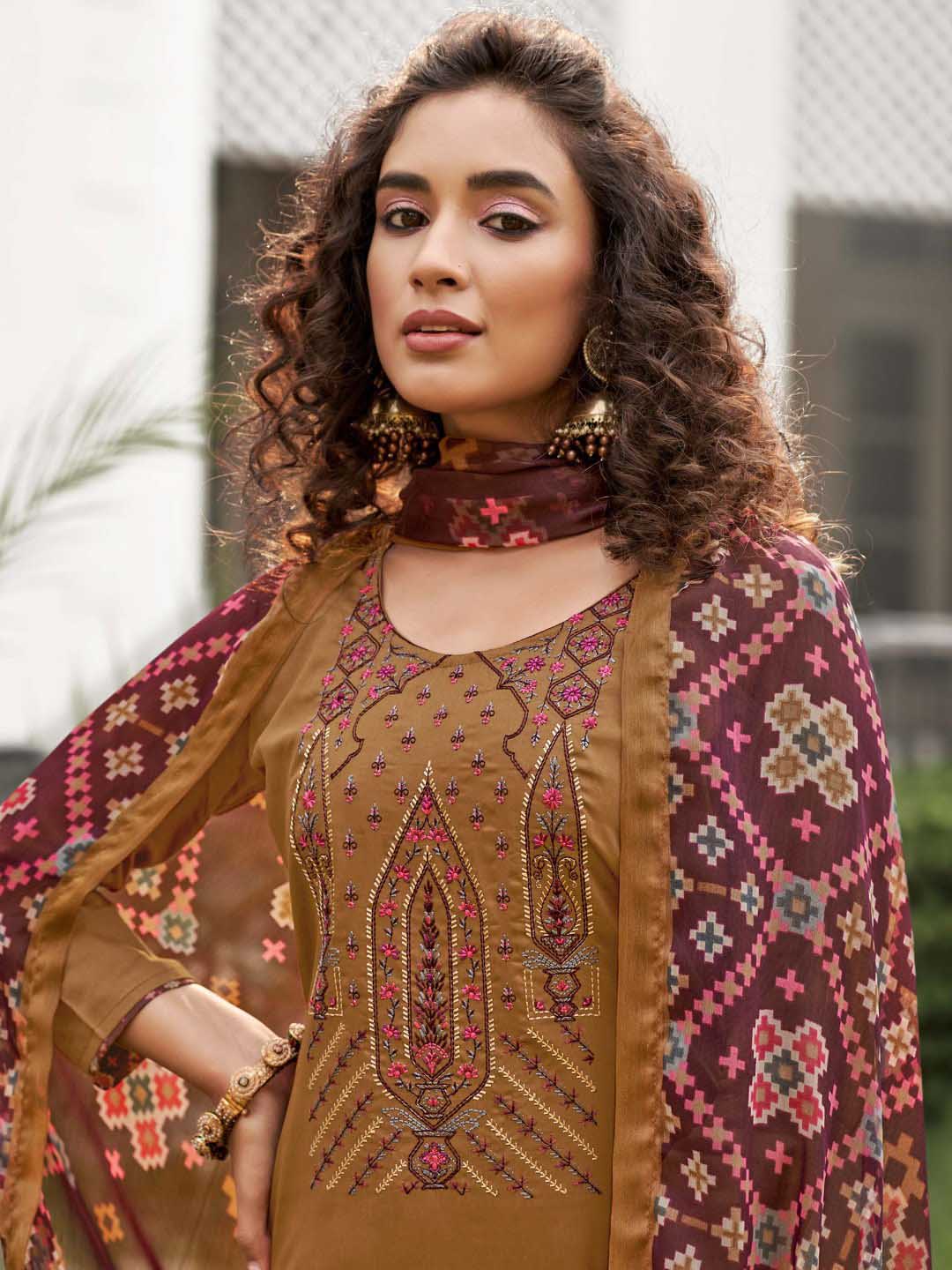 Unstitched Cotton Salwar Suit Brown Dress Material with Embroidery Zulfat