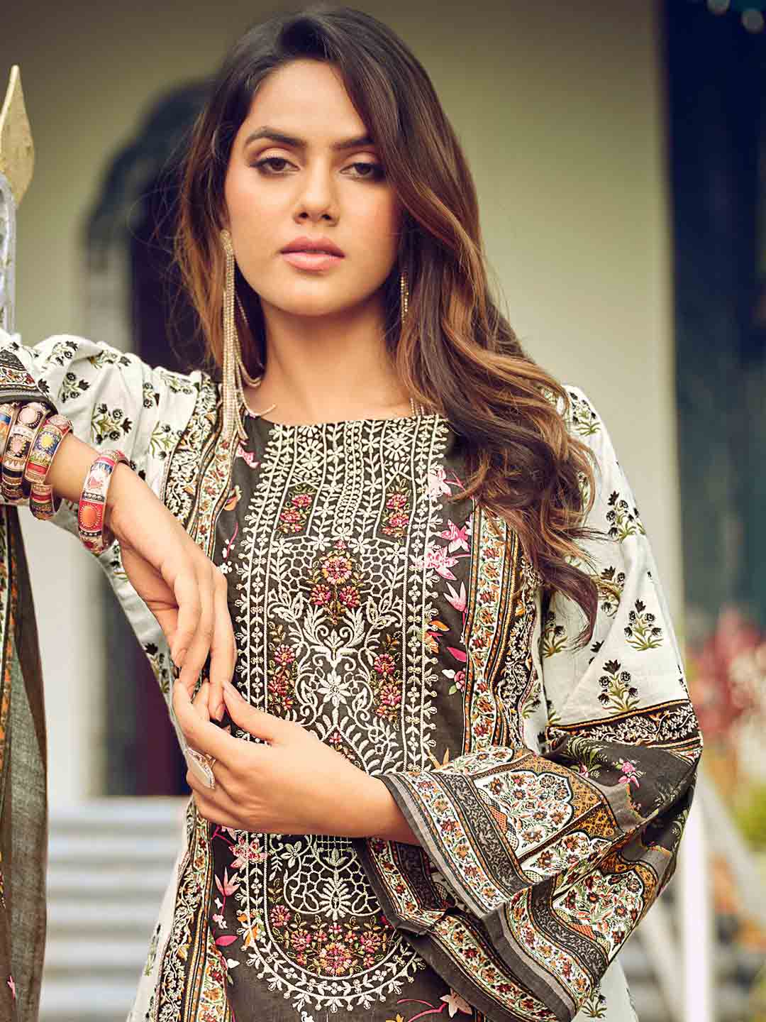 Pakistani Print Brown Unstitched Cotton Suit Material for Women Belliza
