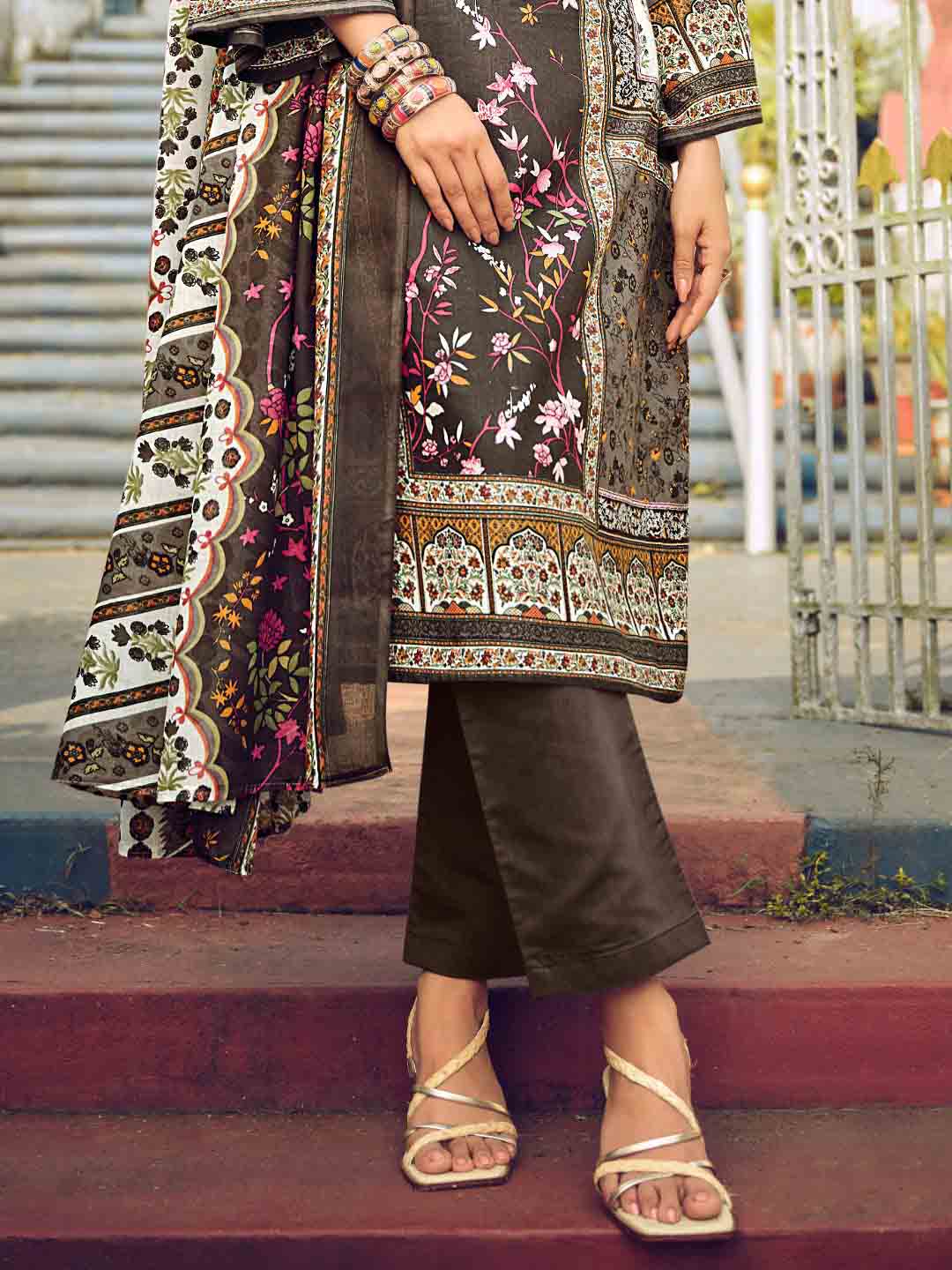 Pakistani Print Brown Unstitched Cotton Suit Material for Women Belliza