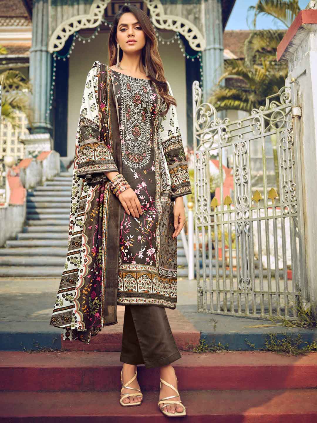 Pakistani Print Brown Unstitched Cotton Suit Material for Women Belliza