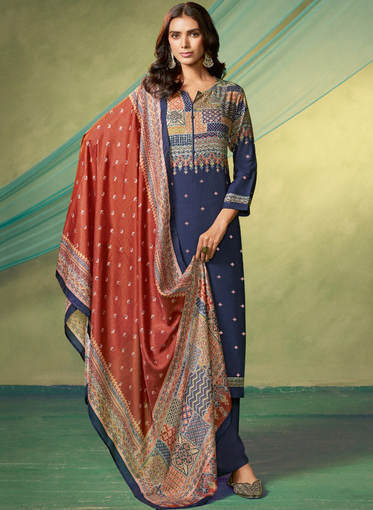 Blue Unstitched Pashmina Winter Salwar Suit Set Material for Women