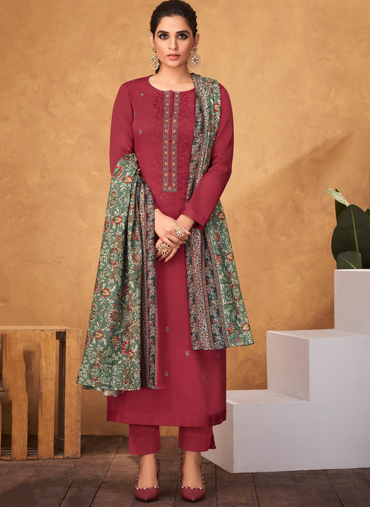 Cotton Satin Red Unstitched Salwar Suit Dress Material for Ladies