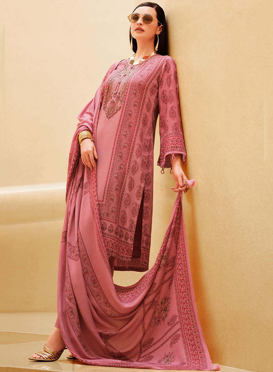 Pink Pashmina Unstitched Winter Salwar Suit Material with Embroidery