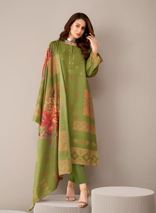 Women's Green Pashmina Winter Suit Dress Material with Embroidery