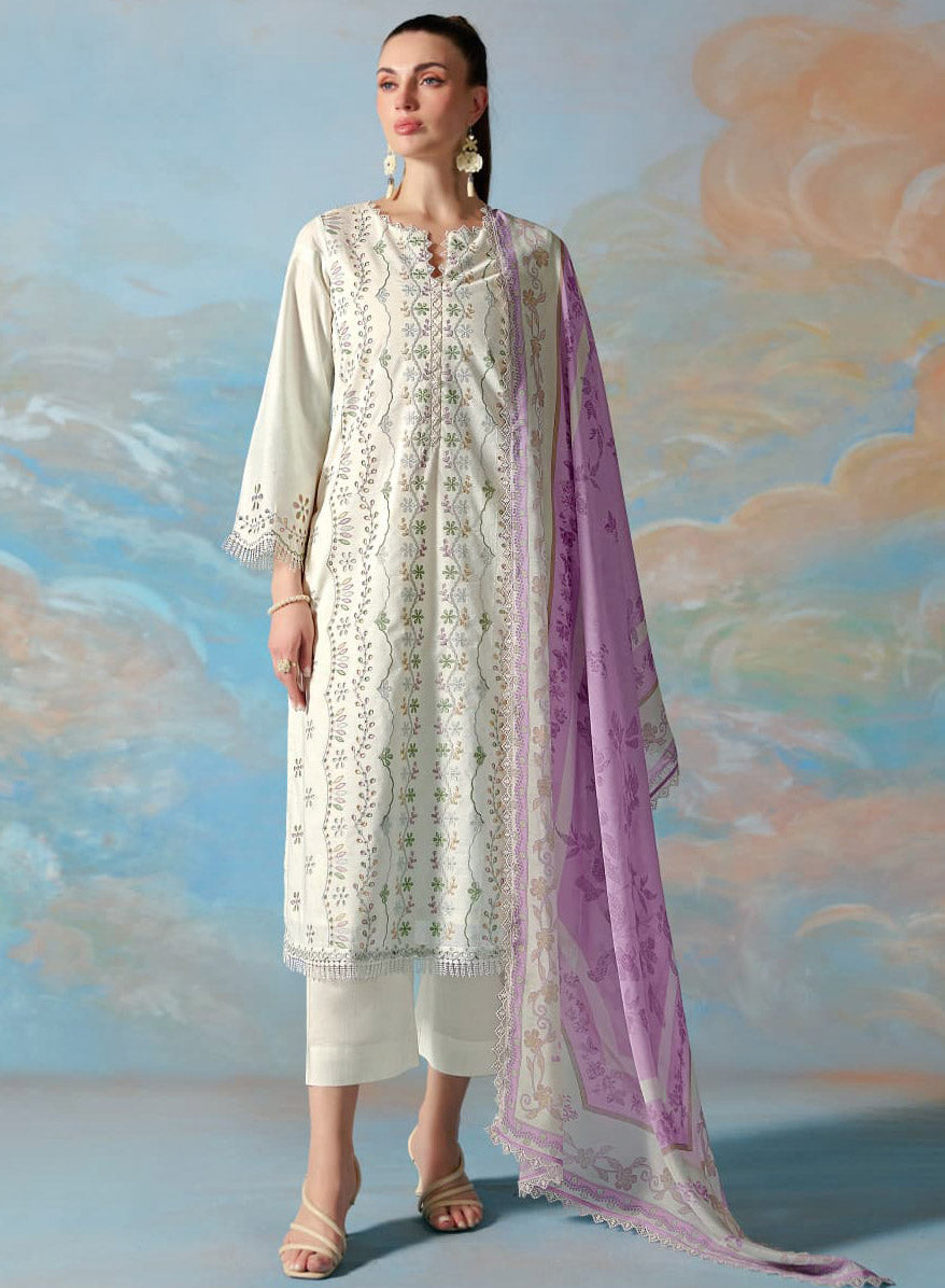 Premium Lawn Cotton White Unstitched Suit Set Fabric for Women