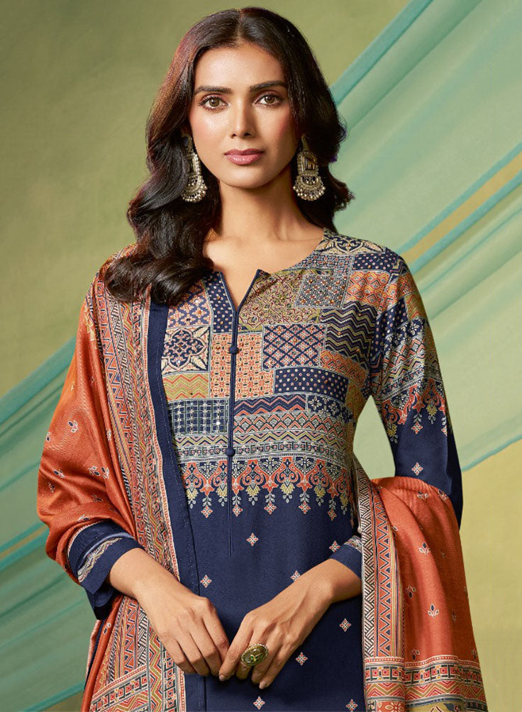 Blue Unstitched Pashmina Winter Salwar Suit Set Material for Women
