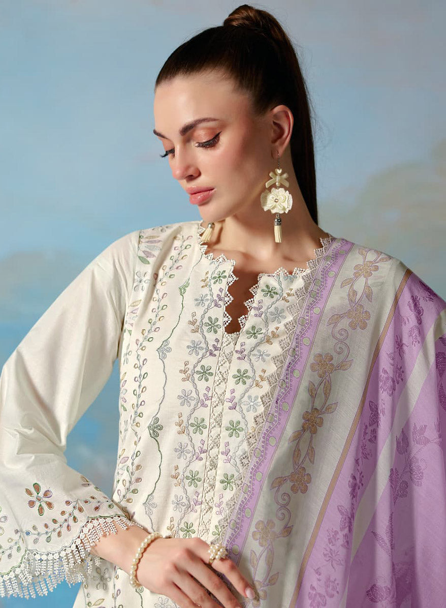 Premium Lawn Cotton White Unstitched Suit Set Fabric for Women