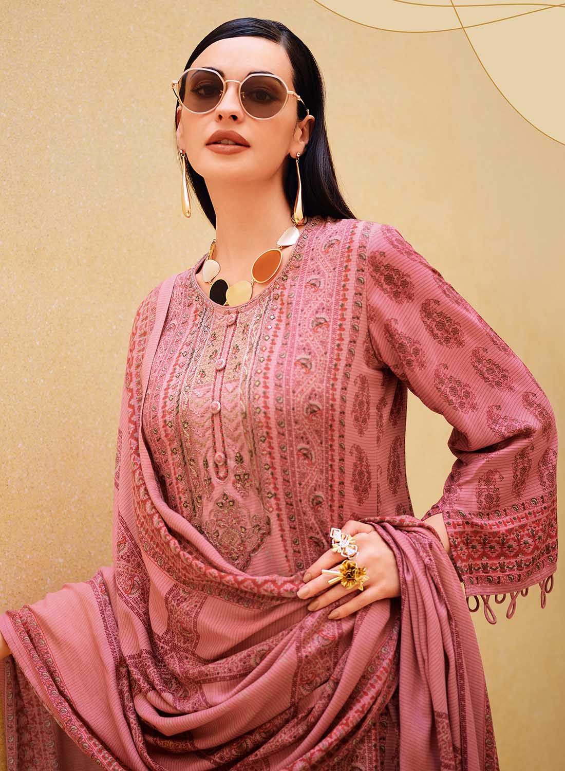 Pink Pashmina Unstitched Winter Salwar Suit Material with Embroidery