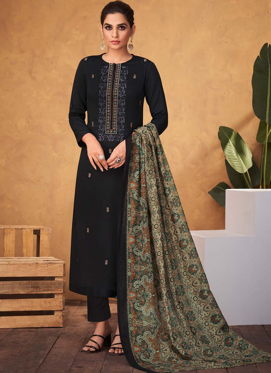 Cotton Satin Black Unstitched Salwar Suit Dress Material for Ladies Esta Designs