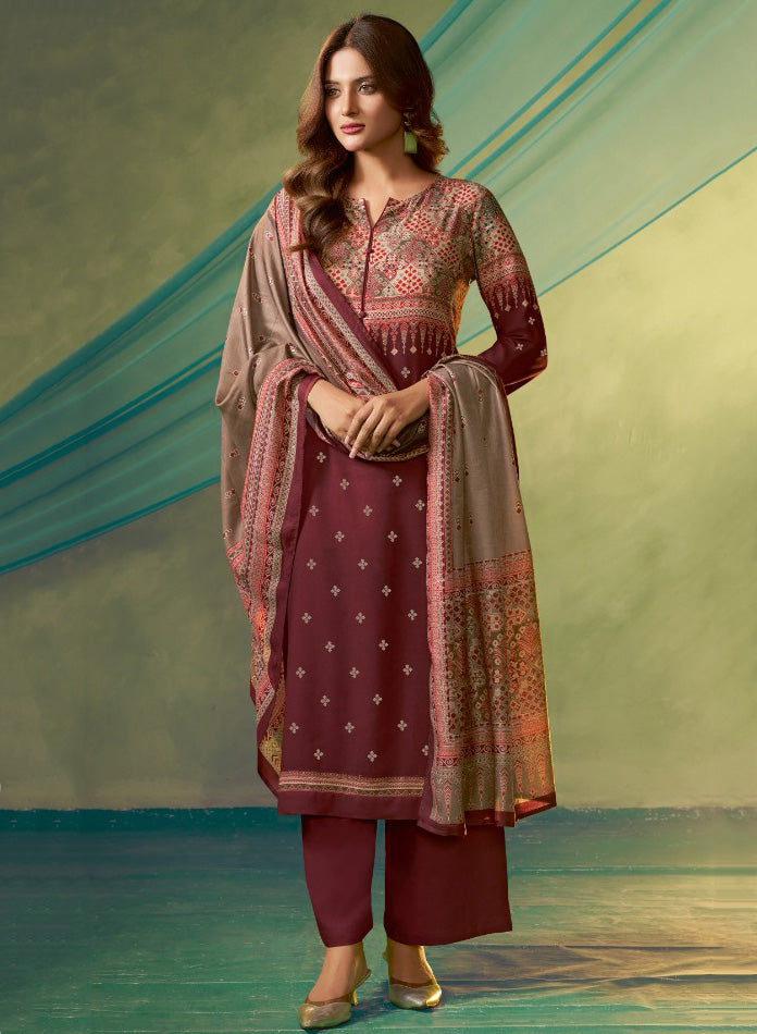 Maroon Unstitched Pashmina Winter Salwar Suit Set Material for Women