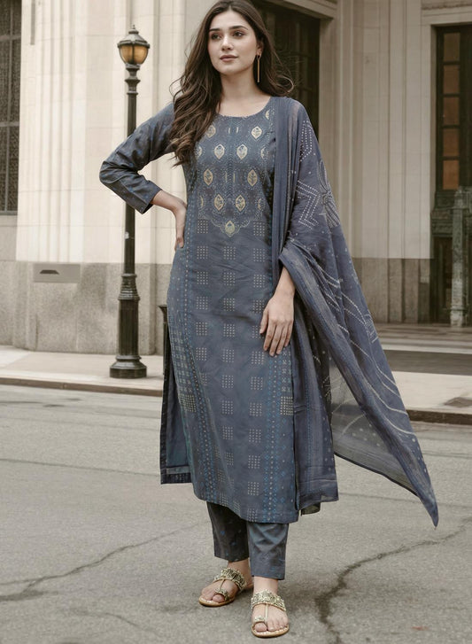 Pure Cotton Lawn Printed Grey Unstitched Salwar Suit with Dupatta