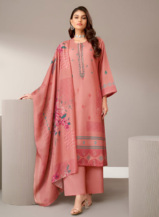 Women's Peach Pashmina Winter Suit Dress Material with Embroidery
