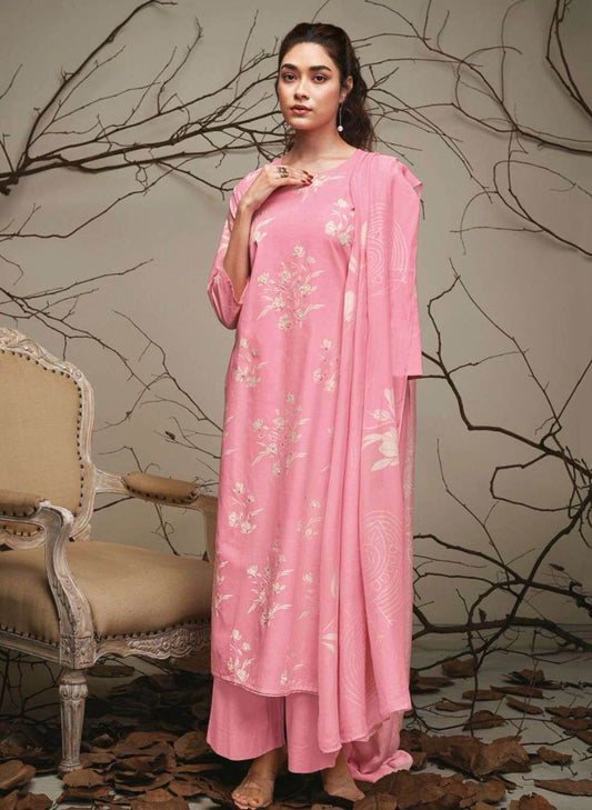 Ganga Pure Cotton Pink Printed Ladies Unstitched Suit Dress Material Ganga