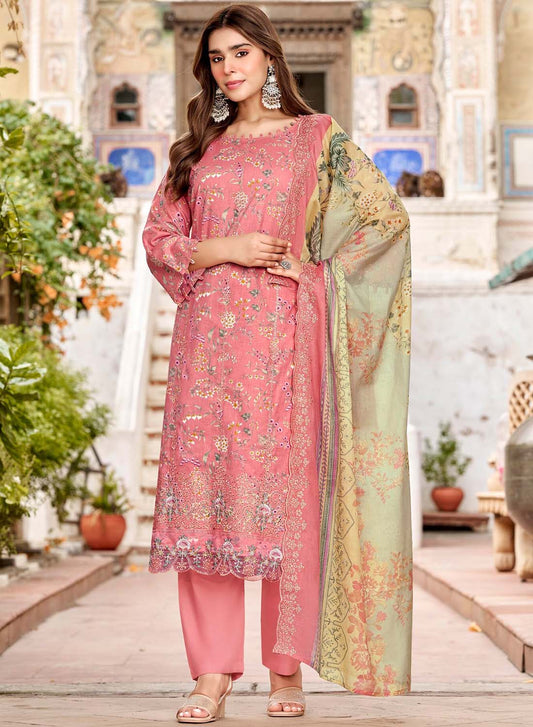 Pure Cotton Pakistani Unstitched Suit Material with Chikankari Embroidery Pink