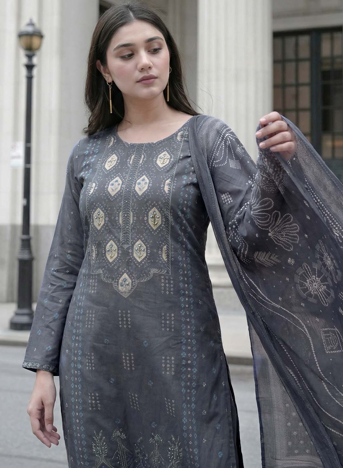 Pure Cotton Lawn Printed Grey Unstitched Salwar Suit with Dupatta