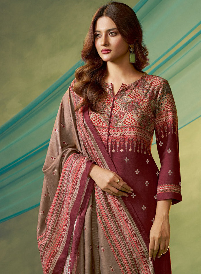Maroon Unstitched Pashmina Winter Salwar Suit Set Material for Women