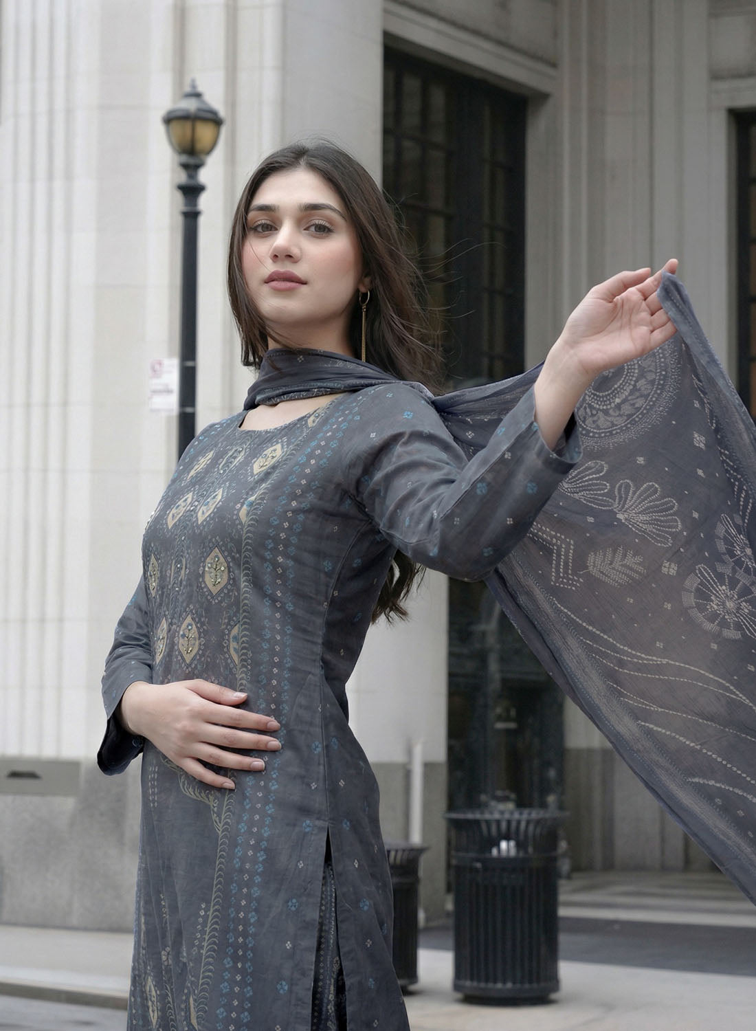 Pure Cotton Lawn Printed Grey Unstitched Salwar Suit with Dupatta
