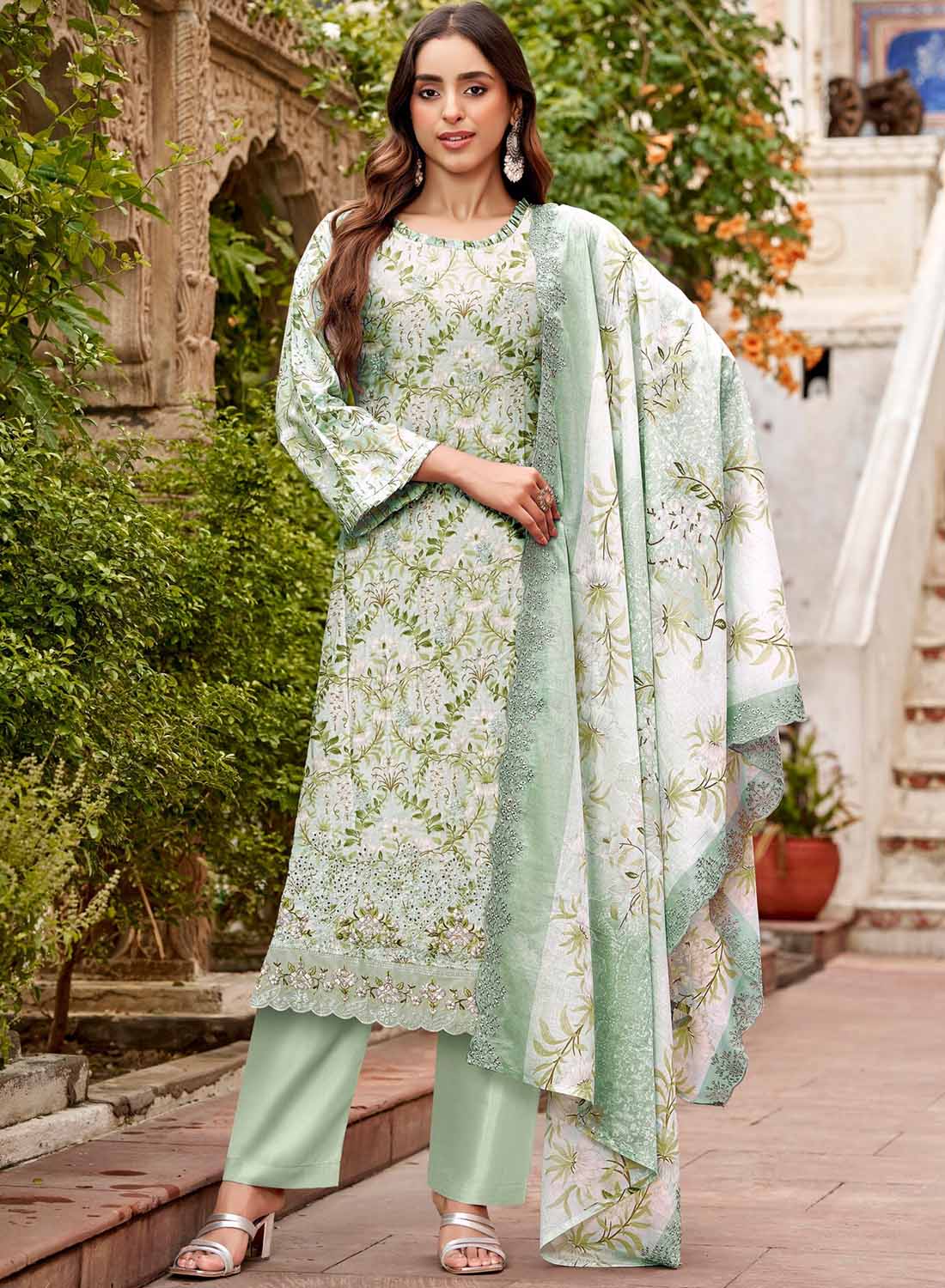 Pure Cotton Pakistani Unstitched Suit Material with Chikankari Embroidery Green