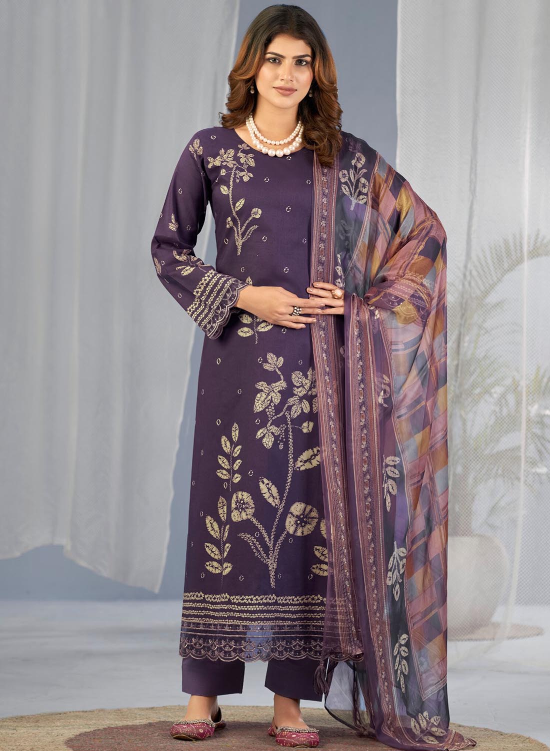 Purple Pakistani Print Unstitched Cotton Suit Material with Dupatta