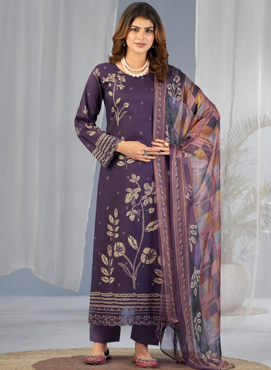 Purple Pakistani Print Unstitched Cotton Suit Material with Dupatta