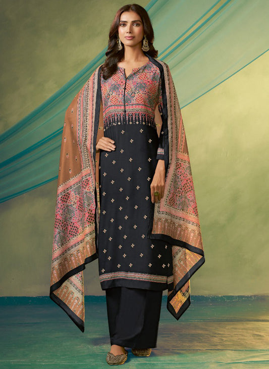 Black Unstitched Pashmina Winter Salwar Suit Set Material for Women