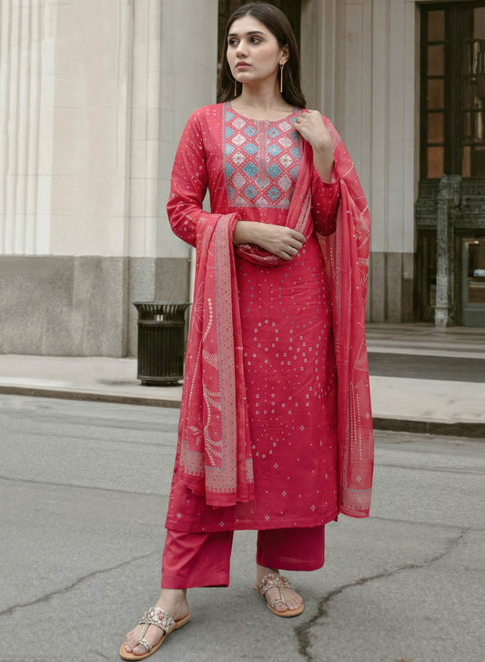 Pure Cotton Lawn Printed Red Unstitched Salwar Suit with Dupatta