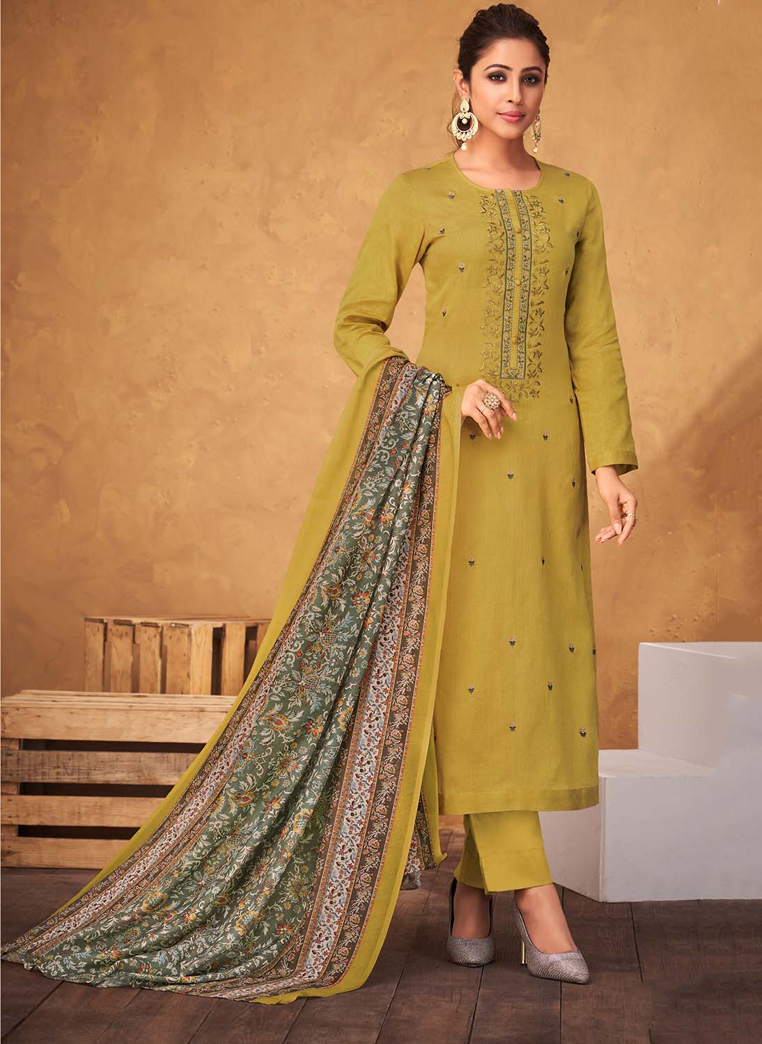 Cotton Satin Green Unstitched Salwar Suit Dress Material for Ladies Esta Designs