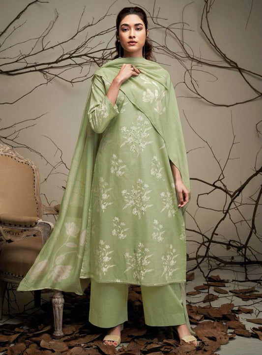 Ganga Pure Cotton Green Printed Ladies Unstitched Suit Dress Material