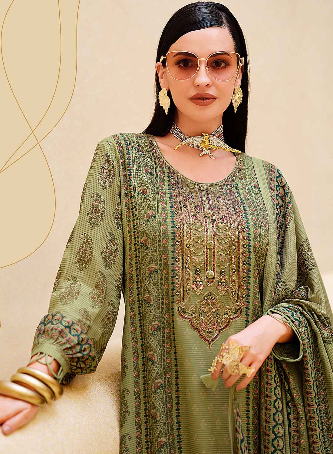 Green Pashmina Unstitched Winter Salwar Suit Set Material with Embroidery