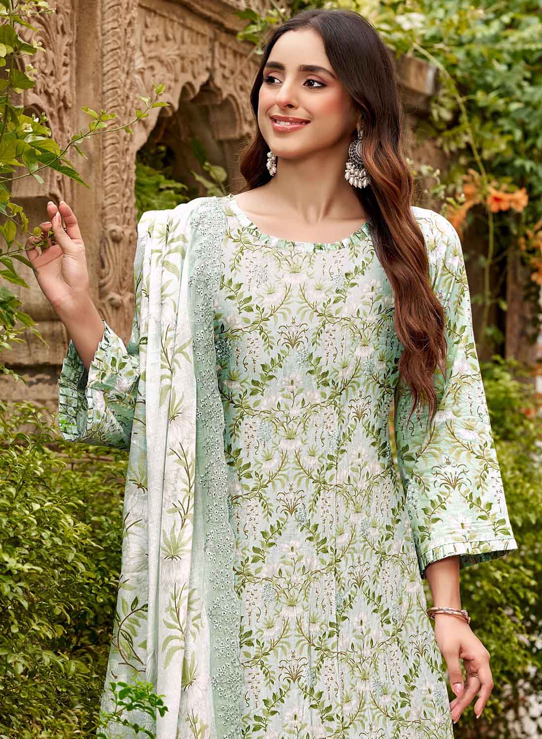 Pure Cotton Pakistani Unstitched Suit Material with Chikankari Embroidery Green