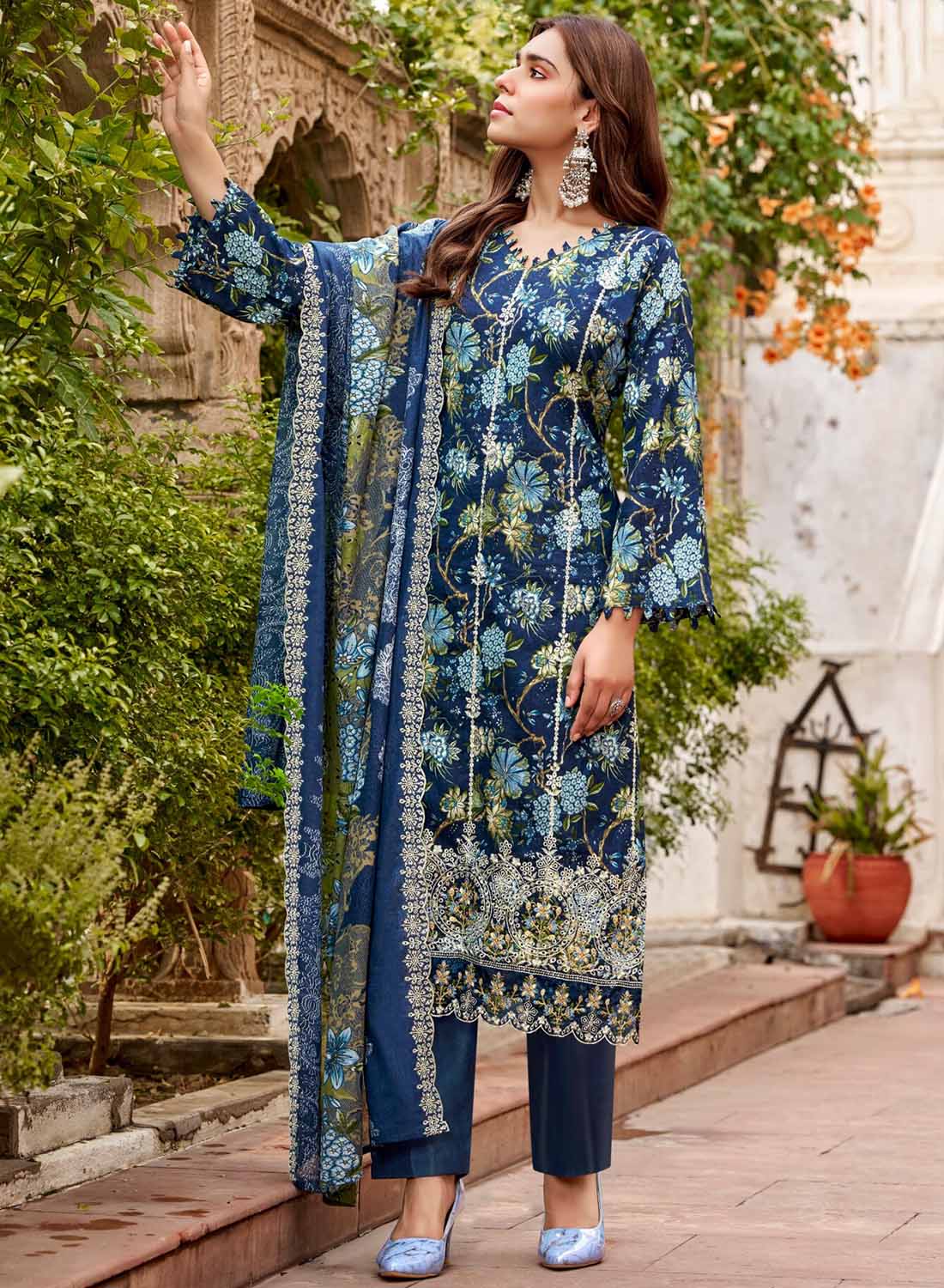 Pure Cotton Pakistani Unstitched Suit Material with Chikankari Embroidery Blue