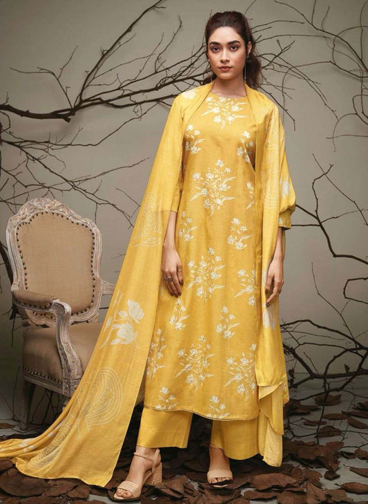 Ganga Pure Cotton Yellow Printed Ladies Unstitched Suit Dress Material Ganga