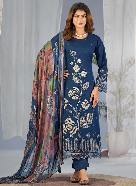 Blue Pakistani Print Unstitched Cotton Suit Material with Dupatta